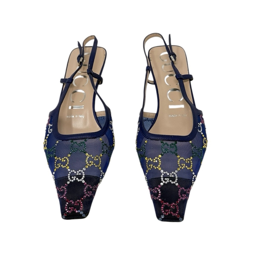 Gucci Tela Retino Crystal GG Monogram 35MM Blue Mesh Slingback Pumps Size 37.5